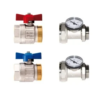 К-кт кранове с термометър и холендър 1" Син/Червен К-кт кранове с термометър и холендър 1" Син/Червен