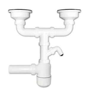 Сифон за двукоритна кухненска мивка и извод за пералня